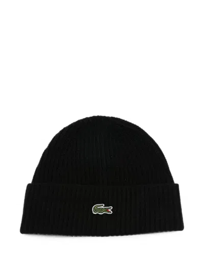 Lacoste Ribbed-knit Logo-patch Beanie Hat In 블랙