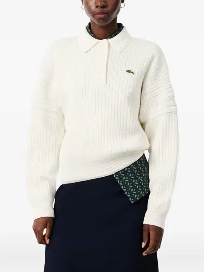 Lacoste Ribbed-knit Long-sleeve Polo Shirt In White