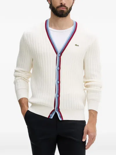 Lacoste Ribbed-knit Striped-trim Cardigan In White