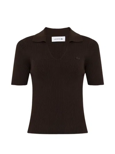 Lacoste 3d Rib Knit Open Collar Sweater In Brown