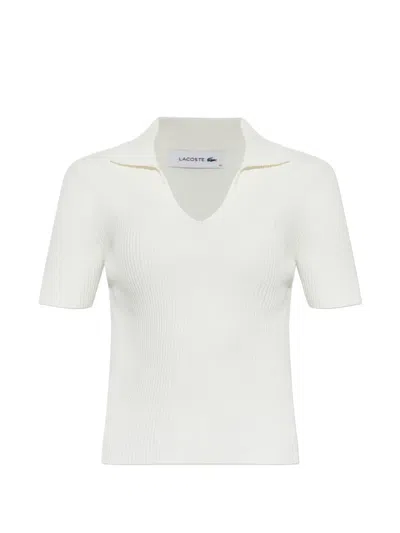 Lacoste Ribbed-knit V-neck T-shirt In White