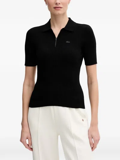 Lacoste Ribbed-knit Zip-up Polo Top In Black