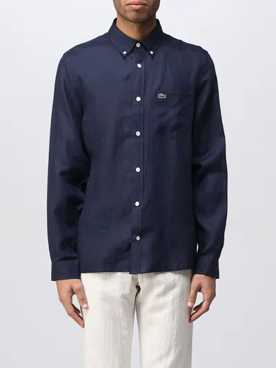 Lacoste Embroidered Crocodile Detail Blue Lino Shirt In Black