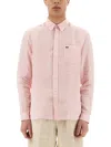 Lacoste Pink Linen Shirt With Straight Cut Collar In Pink