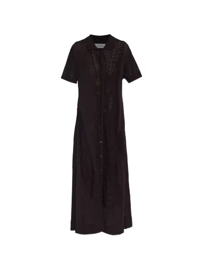 Lacoste Short-sleeve Collared Knitted Midi Dress In Brown