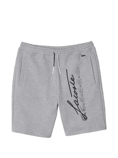 Lacoste Signature Print Cotton Shorts In Gray