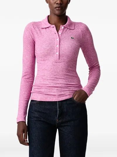 Lacoste Slim-fit Long-sleeved Rib-knit Polo Shirt In Pink