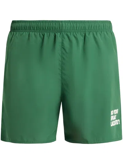 Lacoste Slogan-print Swim Shorts In Green