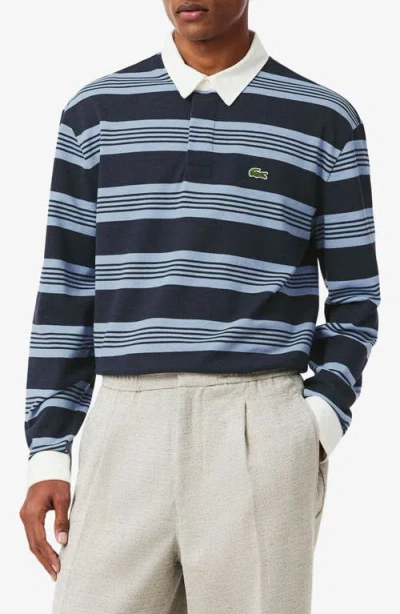 Lacoste Stripe Long Sleeve Rugby Polo In Blue