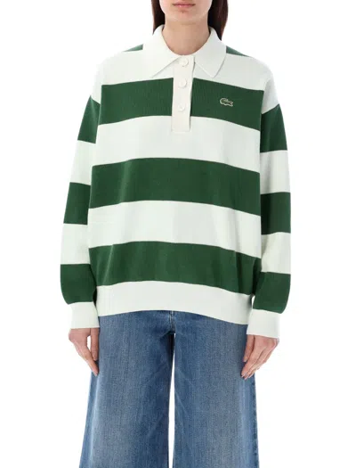 Lacoste Oversize Knit Polo In White Green Stripes