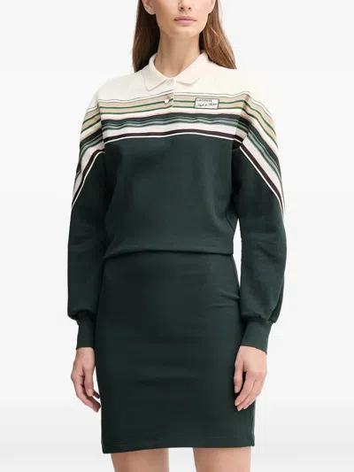 Lacoste Striped Collared Midi Dress In Green