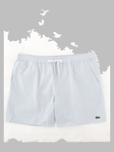 Lacoste Striped Cotton Swim Shorts In Gray