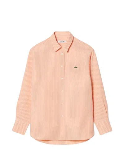 Lacoste Striped Logo-patch Shirt In Pink
