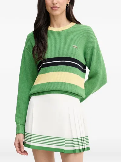 Lacoste Striped Logo-patch Sweater In Green