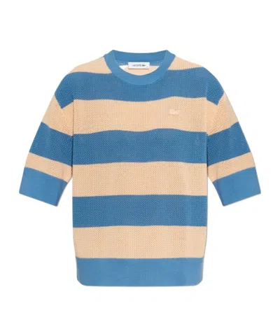 Lacoste Striped Round-neck Knitted T-shirt In Blue