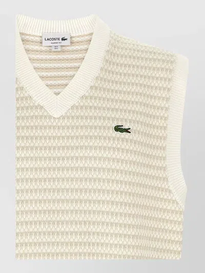 Lacoste Striped V-neck Sleeveless Knit Vest In Neutral