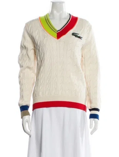 Pre-owned Lacoste Striped V-neck Sweater In Neutral