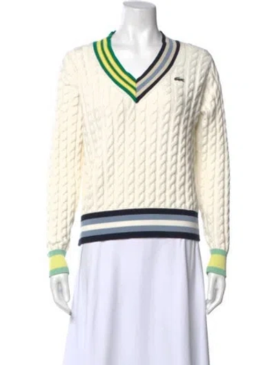 Pre-owned Lacoste Striped V-neck Sweater In White