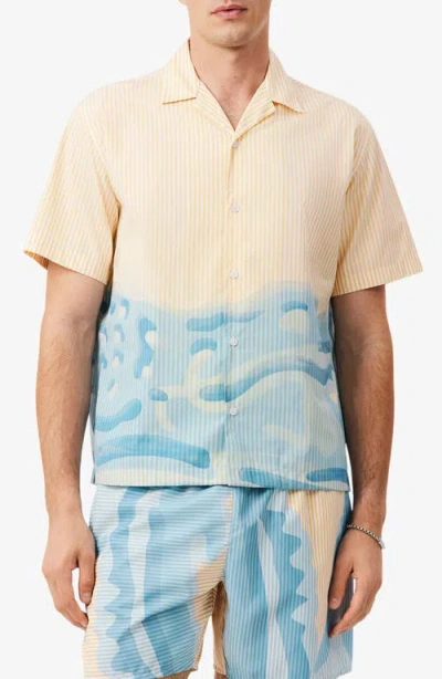Lacoste Short-sleeve Camp Collar Shirt With Abstract Waves In Neutral