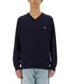Lacoste Logo V-neck Sweater Ribbed Finish In Blue