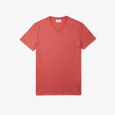 Lacoste T-shirt Men's 3-8 Pink Pima Cotton V-neck Short Sleeve Pullover Mac128 In Red