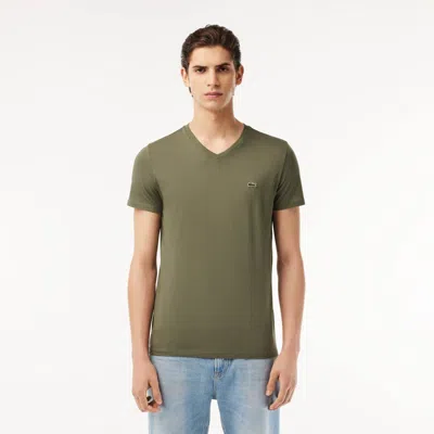 Lacoste T-shirts Mens Green Pima Cotton V-neck Short Sleeve Pullover Fts71