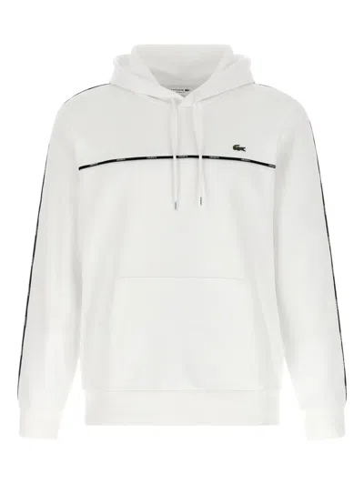 Lacoste Tape-trimmed Kangaroo-pocket Hoodie In White