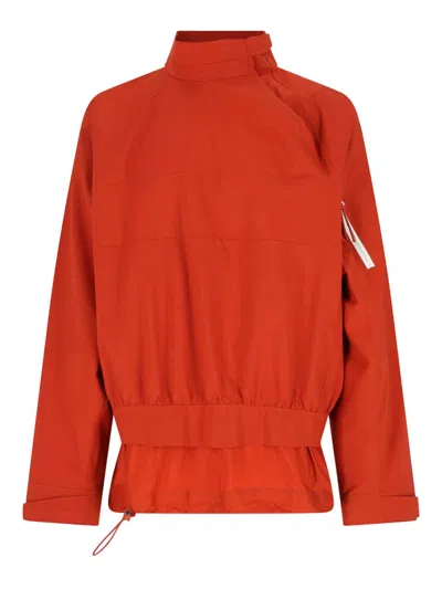 Lacoste Long Sleeve High Collar Coat Adjustable Hem In Red