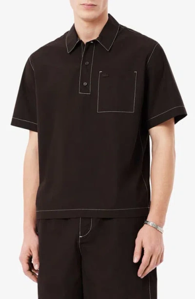 Lacoste Topstitch Detail Woven Cotton Shirt In Brown