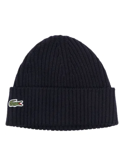 Lacoste Unisex Rib Knit Brushed Wool Beanie In Black