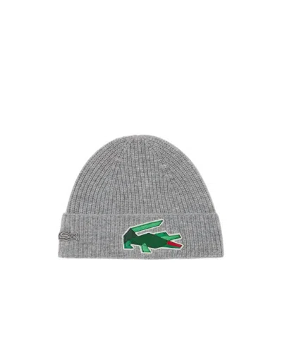 Lacoste Unisex Ribbed Wool Knit Crocodile Beanie In Gray In Pink