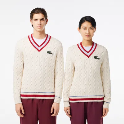 Lacoste Unisex V-neck Cable Knit Sweater In Organic Cotton - M In White