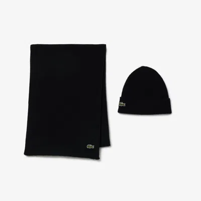 Lacoste Unisex Wool Scarf And Beanie Gift Set - One Size In Black