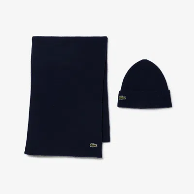 Lacoste Unisex Wool Scarf And Beanie Gift Set - One Size In Blue