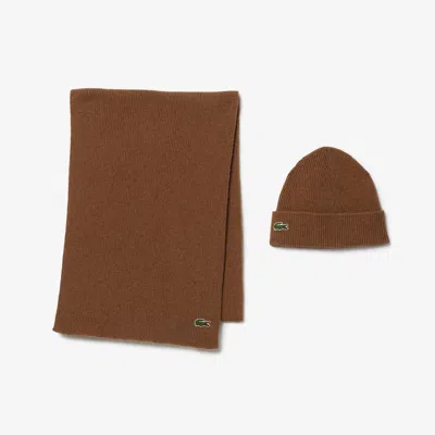 Lacoste Unisex Wool Scarf And Beanie Gift Set - One Size In Brown