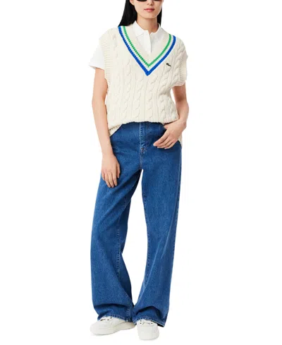 Lacoste Usa Women's Varsity Cable-knit Sweater Vest In Natural