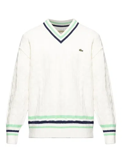 Lacoste Textured Cable Knit Sweater With Contrasting Stripes In White