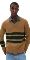 Lacoste Men's Striped Wool V-neck Sweater - M - 4 In Brown