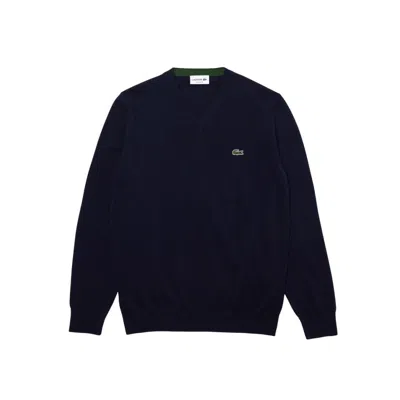 Lacoste V-neck Jersey Sweater With Chevron Trim In Blue