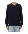 Lacoste Logo V-neck Sweater Ribbed Finish In Black