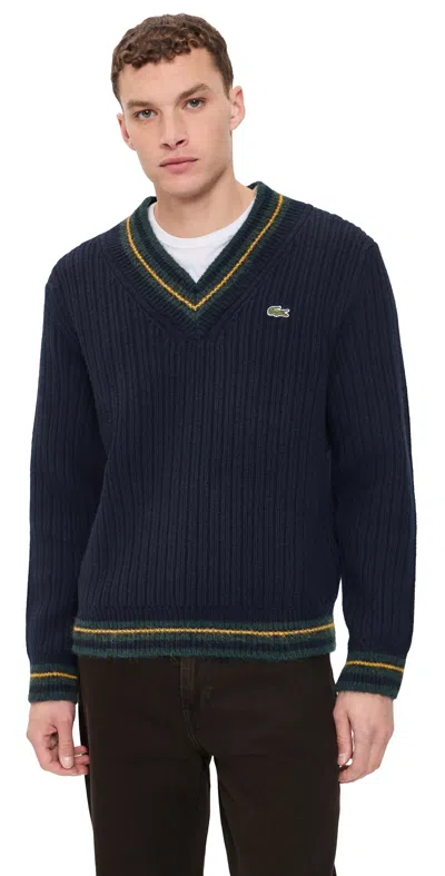 Lacoste V Neck Wool Sweater Marine Sombre In Purple