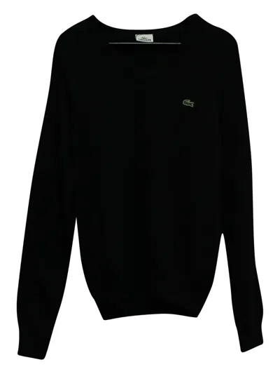 Pre-owned Lacoste Vintage Crocodile-embroidered-v-neck Sweater In Black