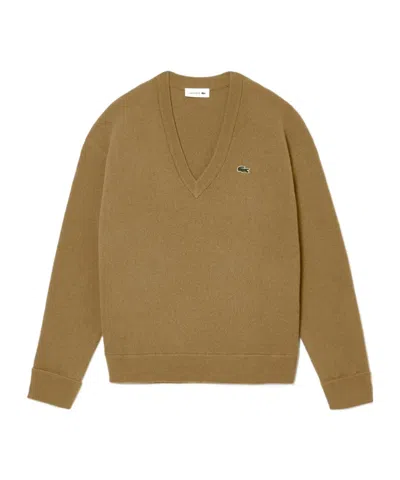 Lacoste Vneck Knit Sweater In Brown