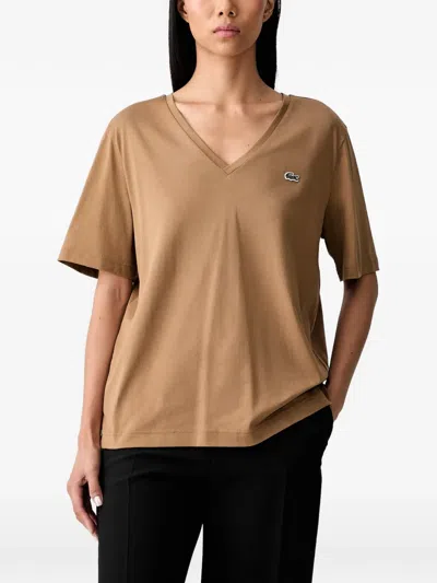 Lacoste V-neck Logo-patch T-shirt In Brown