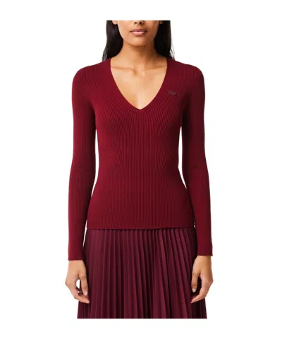Lacoste Vneck Longsleeve Knit Top In Burgundy