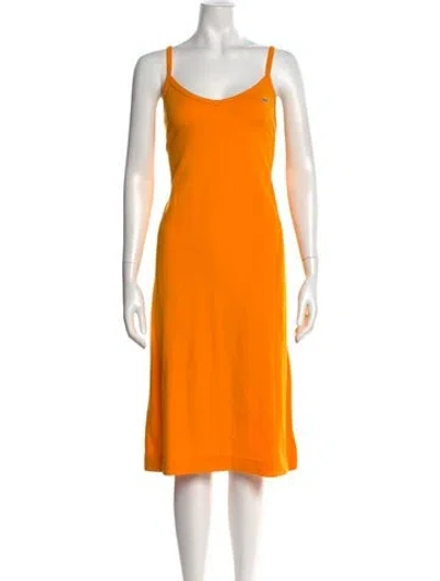 Pre-owned Lacoste V-neck Midi Length Dress W/ Tags In Orange