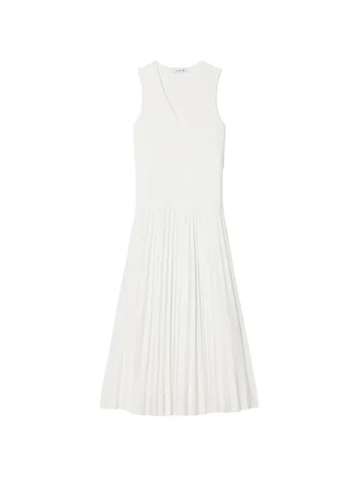 Lacoste V-neck Pleated Dress In White