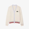 LACOSTE WHITE AND LIGHT BLUE ORGANIC COTTON CABLE KNITTED UNISEX JACKET WITH V NECK