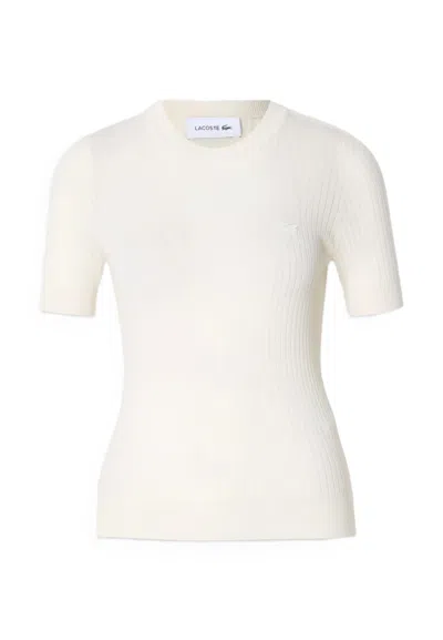 Lacoste White Short Sleeve Ribbed Knit Top In Neutral
