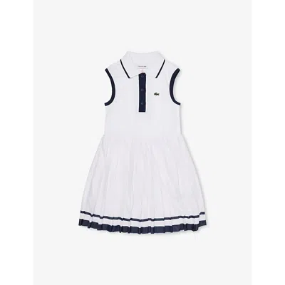 Lacoste Kids' Branded Sleeveless Stretch-cotton Dress 2-12 In White/navy Blue